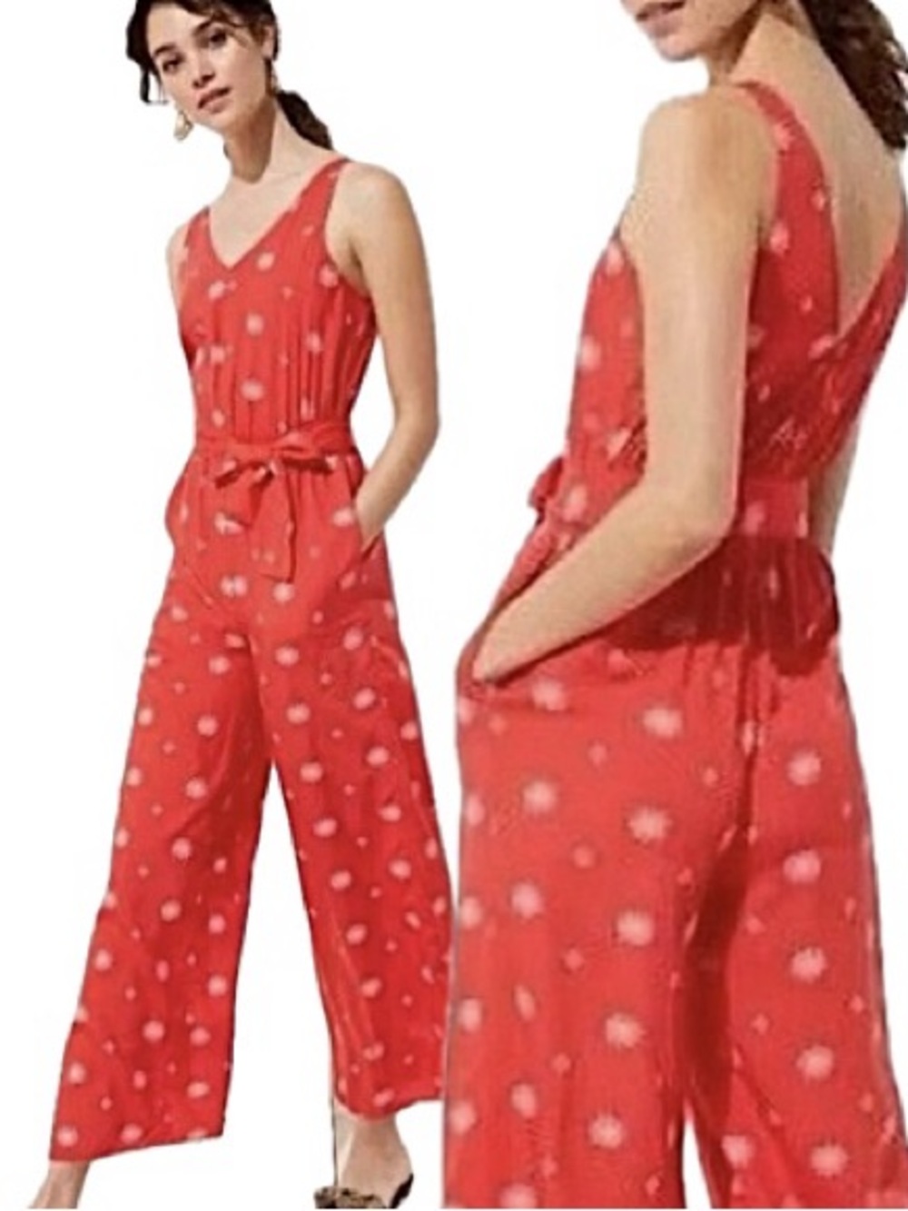 LOFT Daisy Floral Cropped Wide Leg Tank Jumpsuit Size 6 Red Sleeveless V-Neck